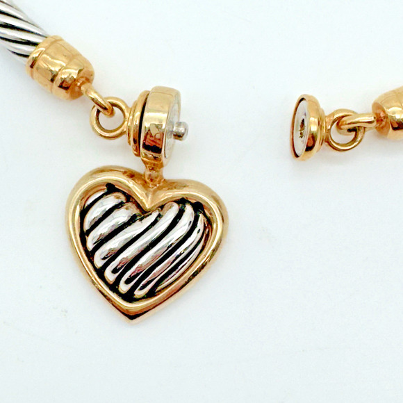 Stocko Heart Pendant Necklace Snap Clasp Two Tone Twisted Cable Choker 15" - Picture 4 of 7